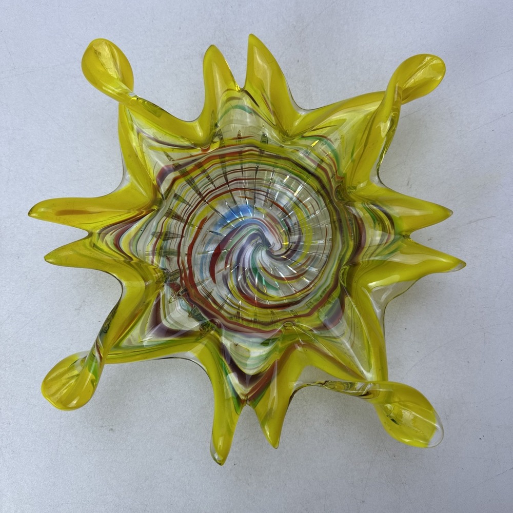 Vintage Murano Art Glass Acid Yellow Sun Burst Bowl MCM Ashtray *Small Chip*